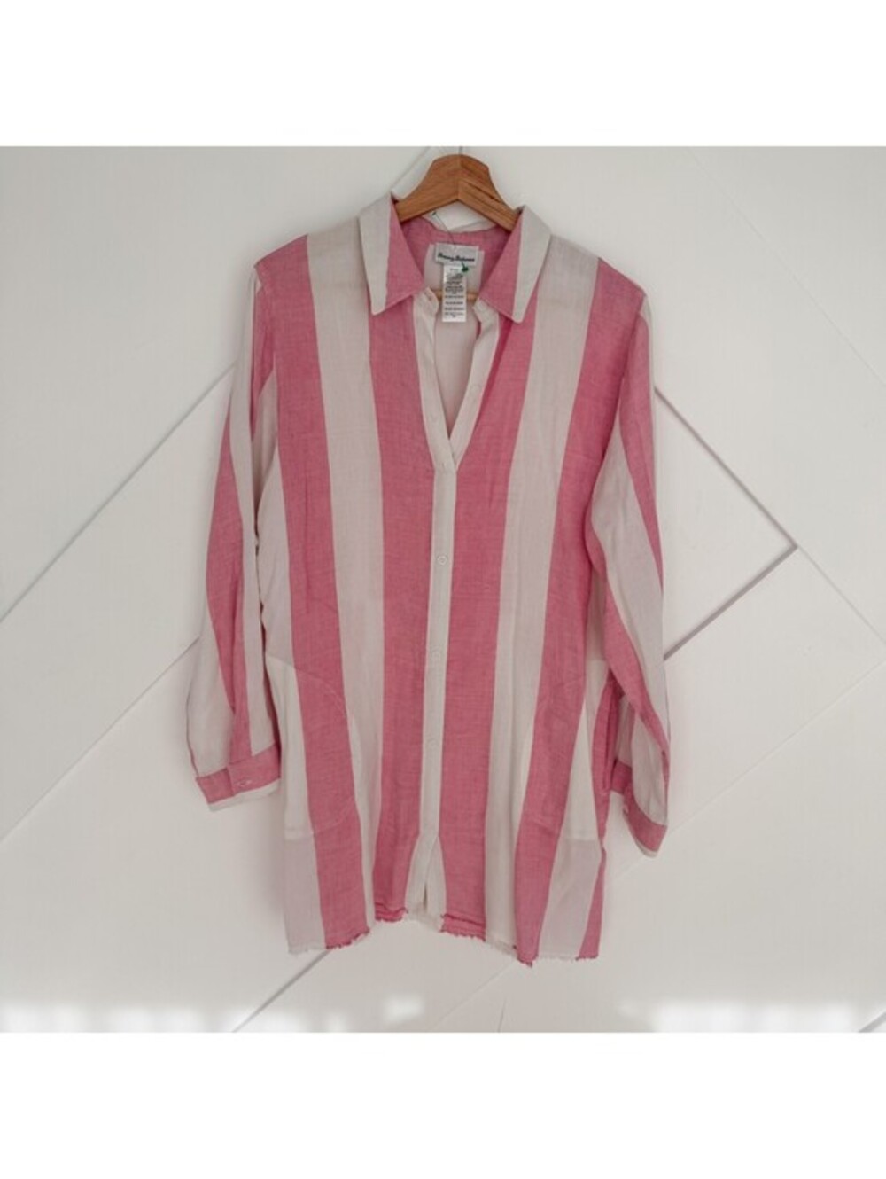 Tommy Bahama Pink and White Cabana Striped Linen Viscose Tunic Shirt Size S